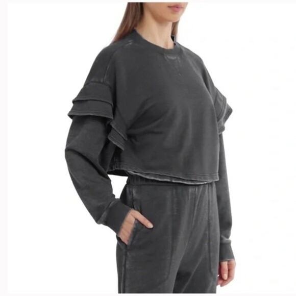 7 For All Mankind Oversized Cropped Sweatshirt Sweater Ruffled Charcoal Grey S - Picture 11 of 11